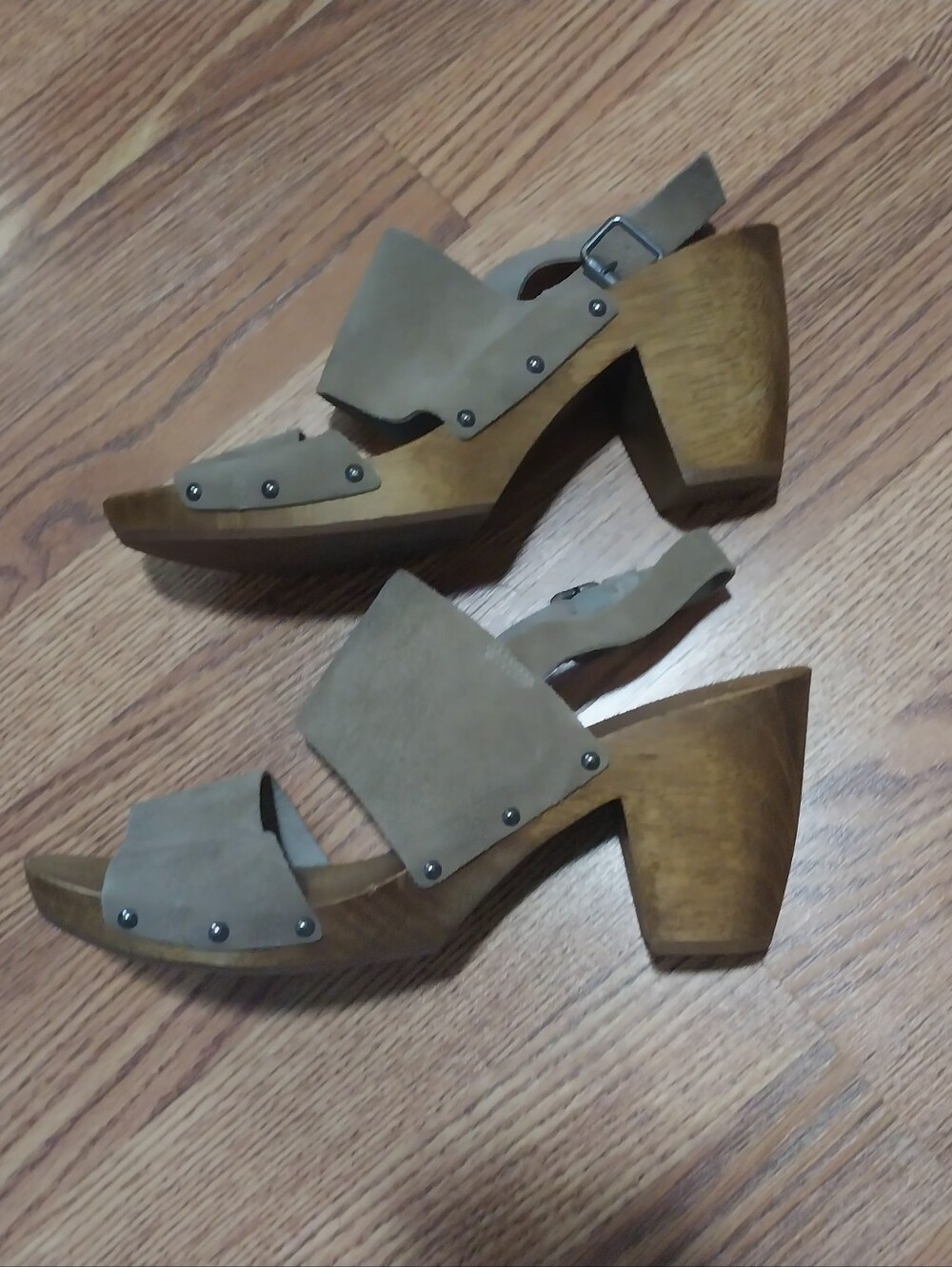 KDB Wooden Clogs Women Size 10 Beige Taupe Suede Chunky Block Heel Sandals